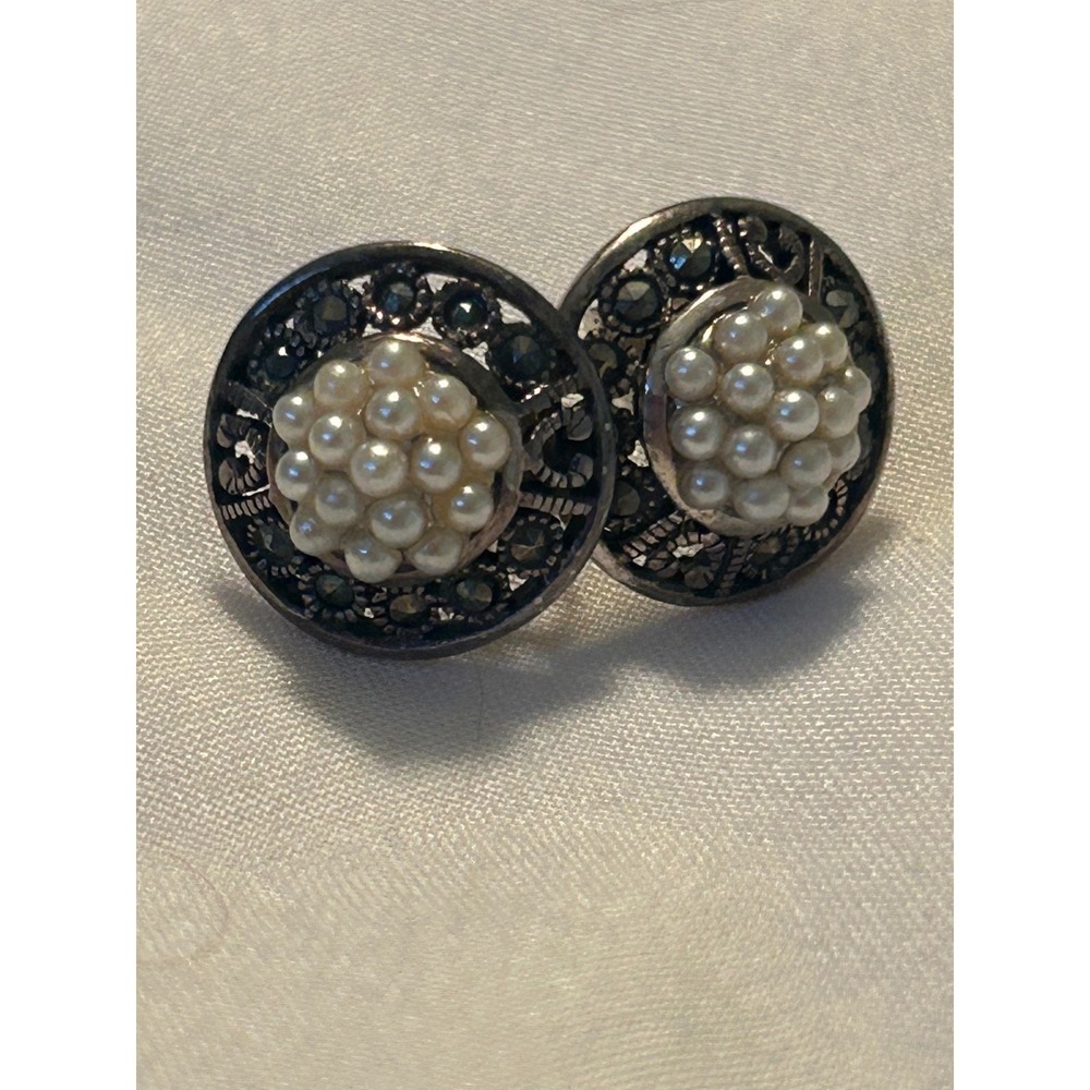 Vintage Sterling Silver Marcasite Faux Pearl Cluster Stud Earrings Art Deco 925